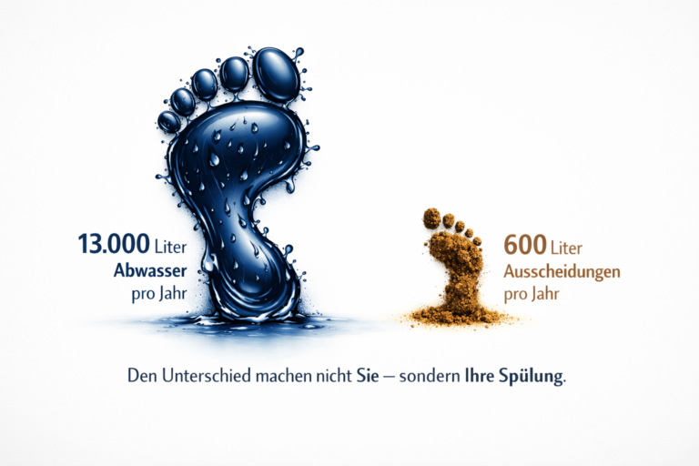 Auf dem Bild ist ein großer, blauer Wasserfußabdruck zu erkennen. Daneben steht 13.000 Liter Abwasser pro Jahr. Auf der anderen Seite ist ein kleiner, sandiger Fußabdruck und daneben steht 600 Liter Ausscheidungen pro Jahr. Als Resultat steht unter allem "Den Unterschied machen nicht Sie - sondern Ihre Spülung.